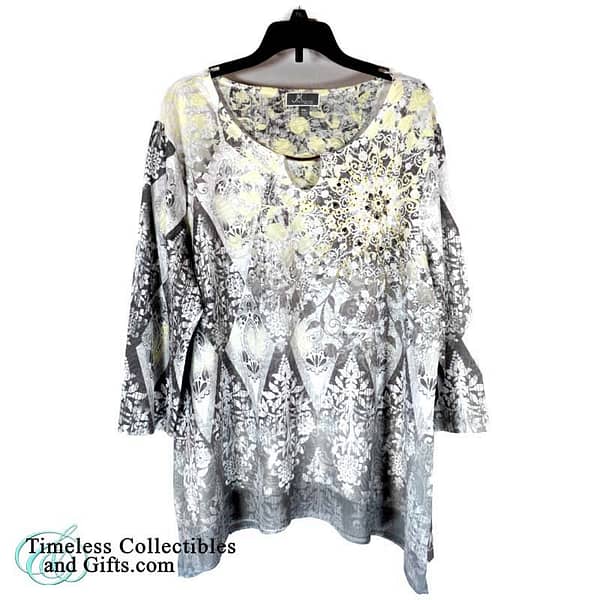 JM Collection Petite Top Grey Yellow Rhinestones Multi pattern PXL 1