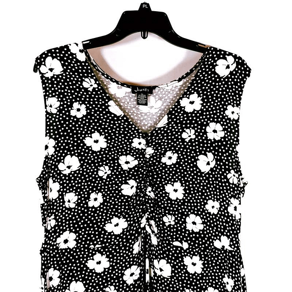 Justify Sleeveless V Neck Black White Flowers Polka Dot Dress XL 2